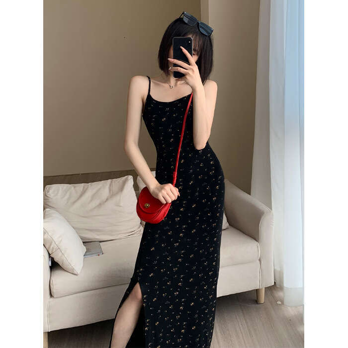 Black Floral Strap For Women Summer French Sweet Spicy Sexy Ruched Slit Bodycon Inner Long Dress B5