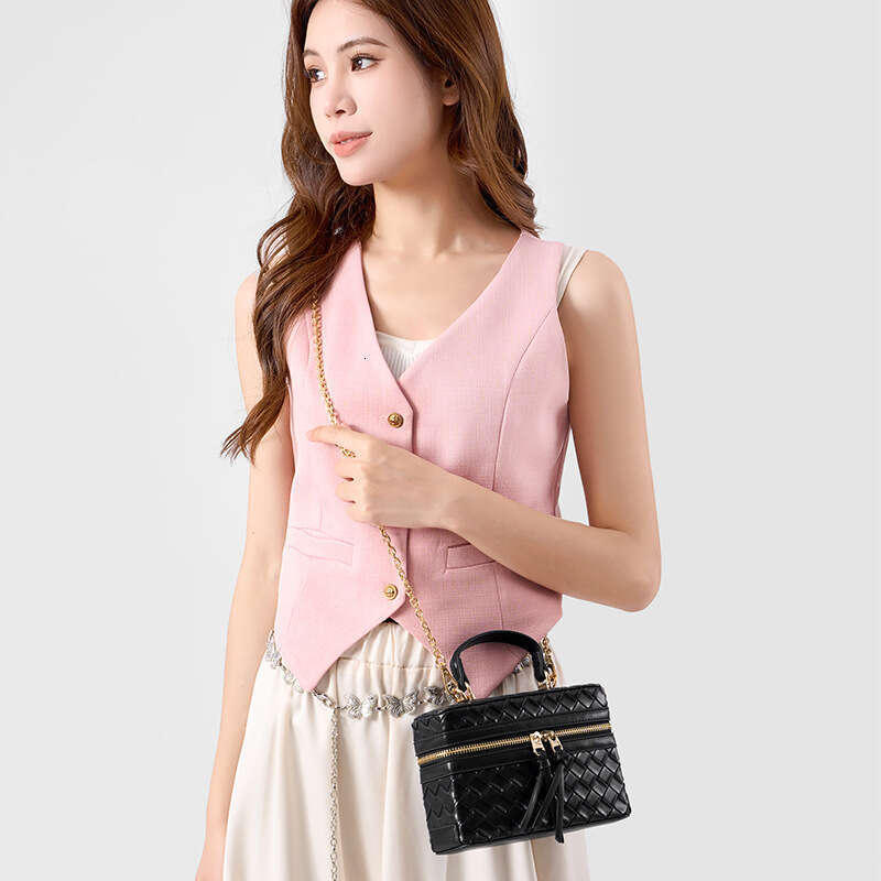 2025 Korean Fashion Woven Pattern Box Double Zipper Simple Crossbody Small Women's Handheld Shoulder Phone Bag