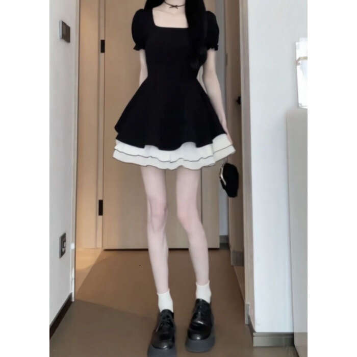 Hepburn Style Black French For Women Summer New Small Petite Elegant Waist-Cinching High-End Short Dress B5