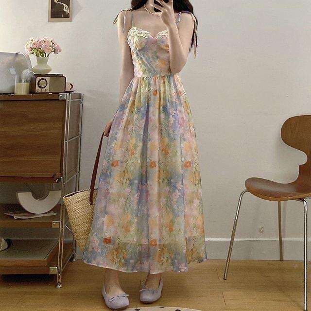 French Gentle Style Waist-Cinching Slimming Strap For Women Spring Summer Unique Distinctive Gradient Floral Long Dress B5