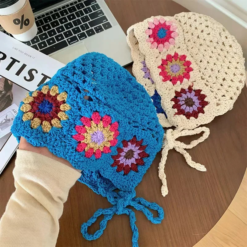 Breathable Sunscreen Hollowed Out Knitted Hat Casual Summer Skullies Fashion Flowers Beret Cap for Women 250704