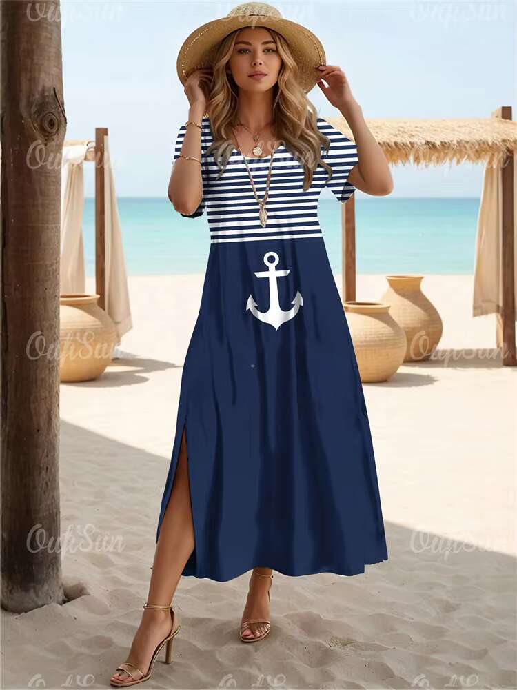 New Vacation Womens Anchor Print Elegant Midi Dresses Female Short Sleeve Dress Fashion Oversized Clothes Summer 2024 dongdumaoyi