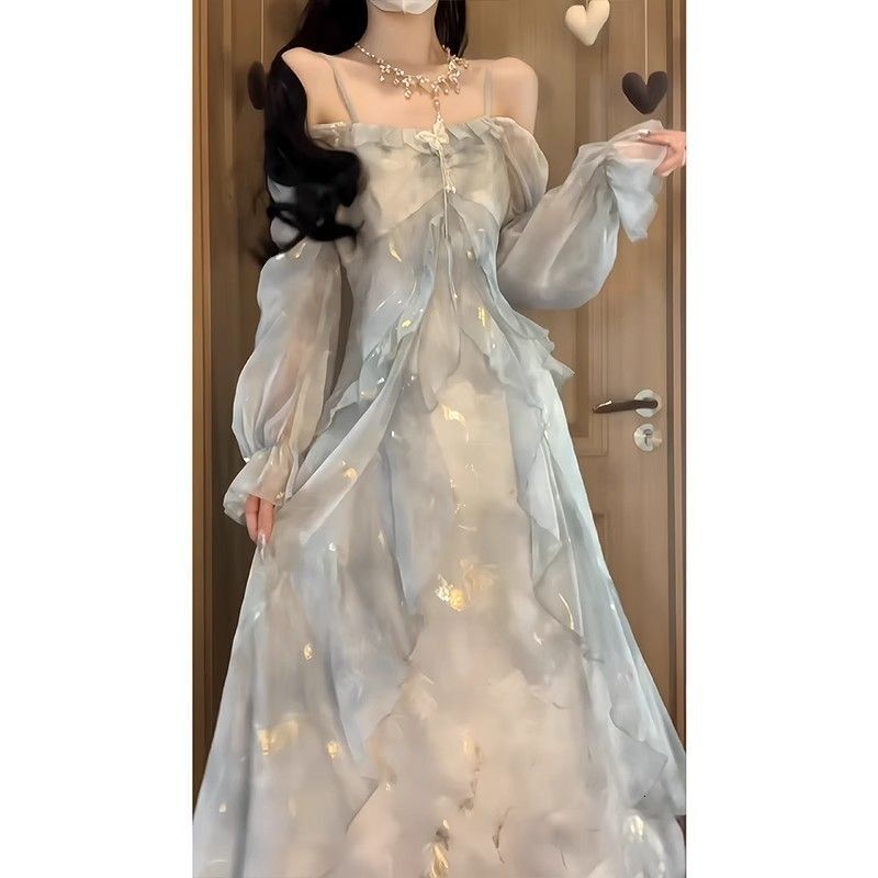 2025 New women's dress fog blue French gentle square neck elegant dress waist floral holiday fairy long dress new designer dress