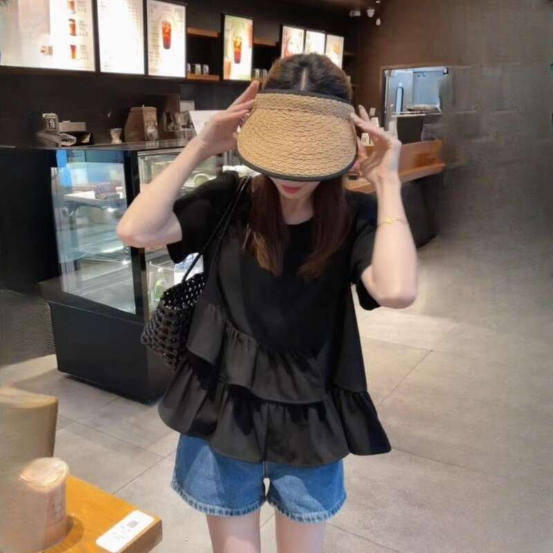 Summer Age-Reducing French Ruffle Short Sleeve T-Shirt For Women Loose Slimming Stylish Top B5 h7