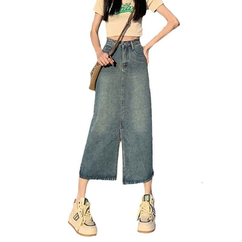 2025 New women's skirt new high waisted split denim skirt women's new summer A-line skirt tight fitting skirt long skirt fashionable new des
