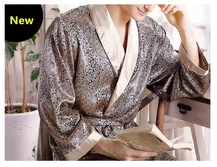Mens Pajamas Robes Silk Kimono Robe Long Sleeve Bathrobe Satin Nightgown Male Summer Home Clothing Oversize 5XL 250710