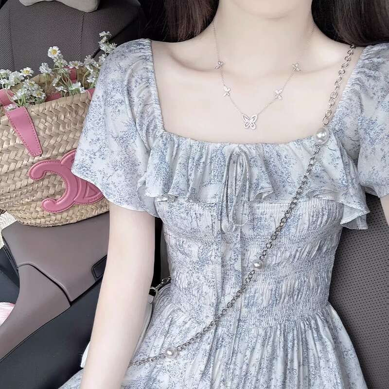 Gentle Floral French For Women Summer New Waist Slimming Vacation Style Elegant Square Neck Long Dress B5