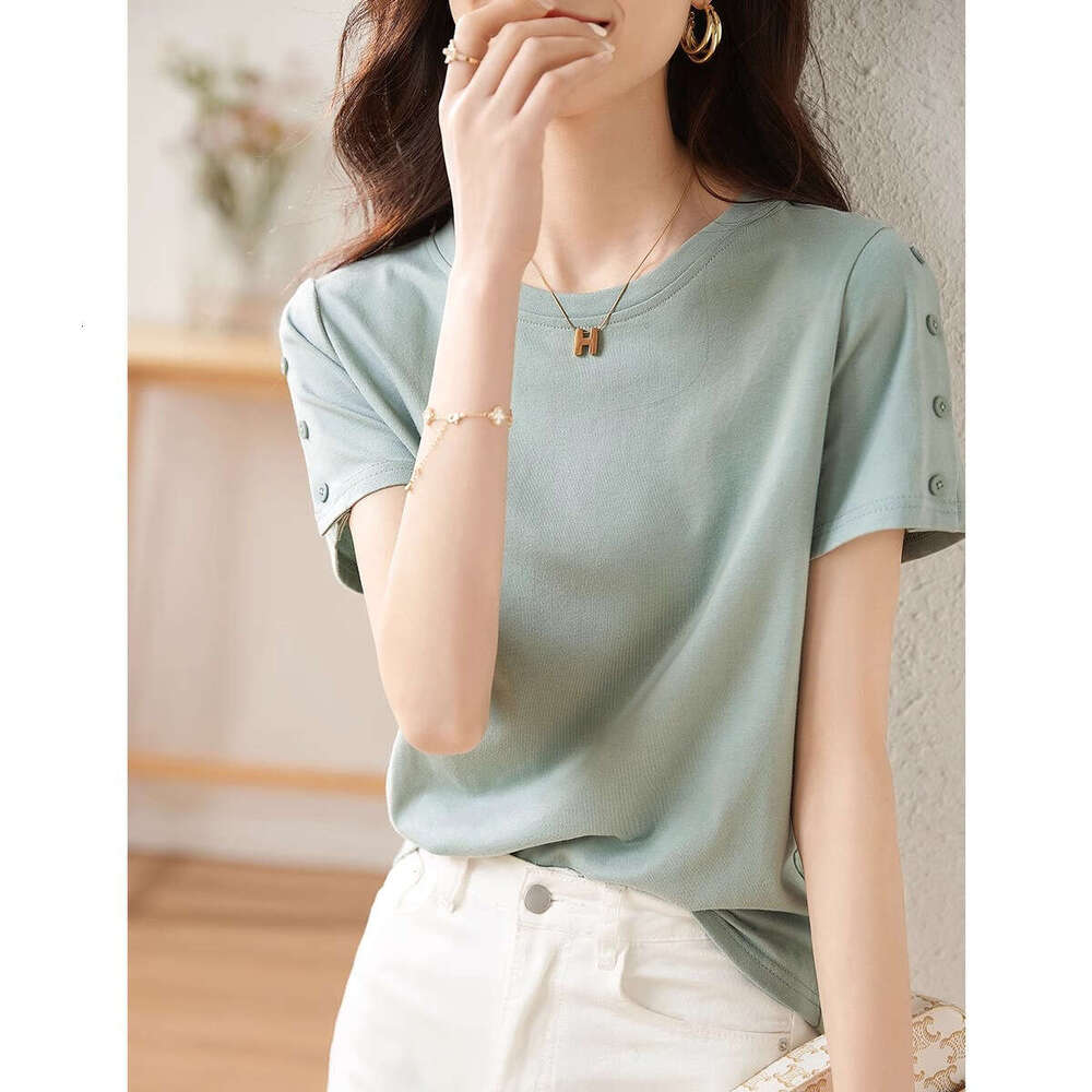 100% Cotton Mint Green Button Short Sleeve T-Shirt For Women Summer New Simple Fashion Commuter Solid Color Plus Size Top B5 h7