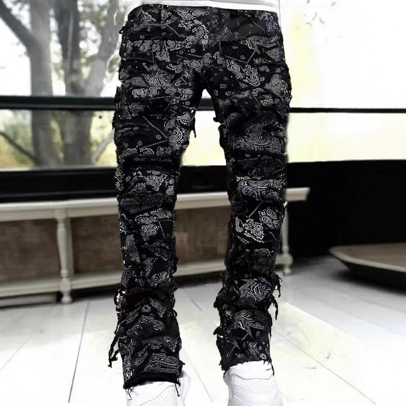 Men's Jeans 2025 Stacked Stretched Patchwork Tassel Damaged Denim Full Length Pants Hip- Trousers For Male