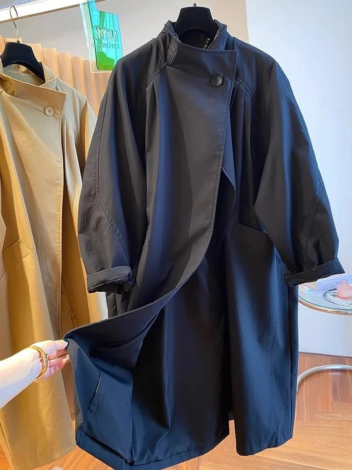 High End Stand Up Collar Outwear 2025 Spring Plus Size Womens Casual Loose Mid Long Windbreaker Lining Jacket Khaki Black Top 250708
