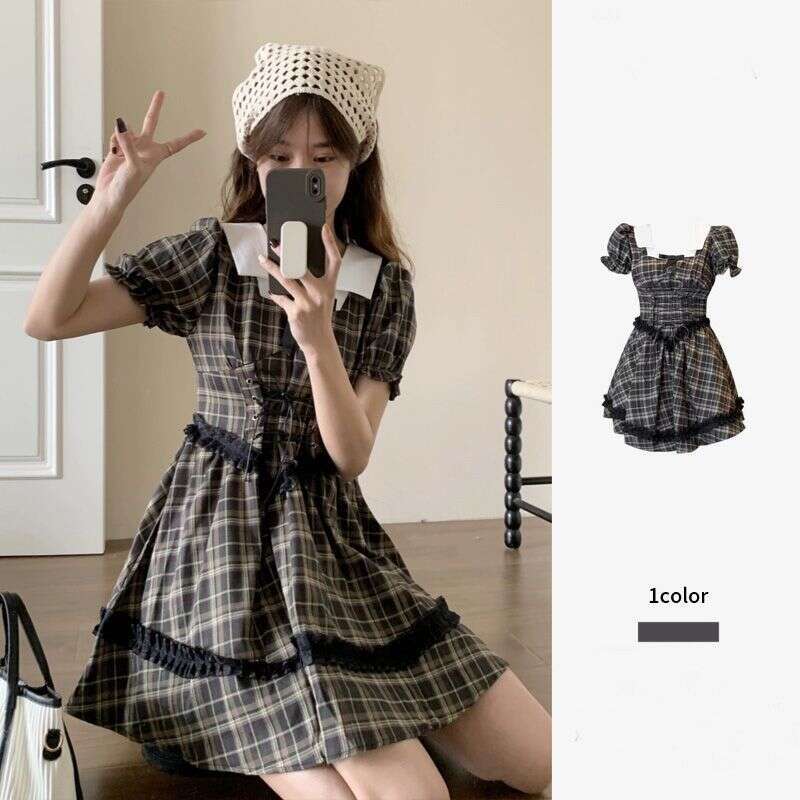 French Black Plaid For Women Summer New Korean College Style Puff Sleeve Waist-Cinching Short Dress B5