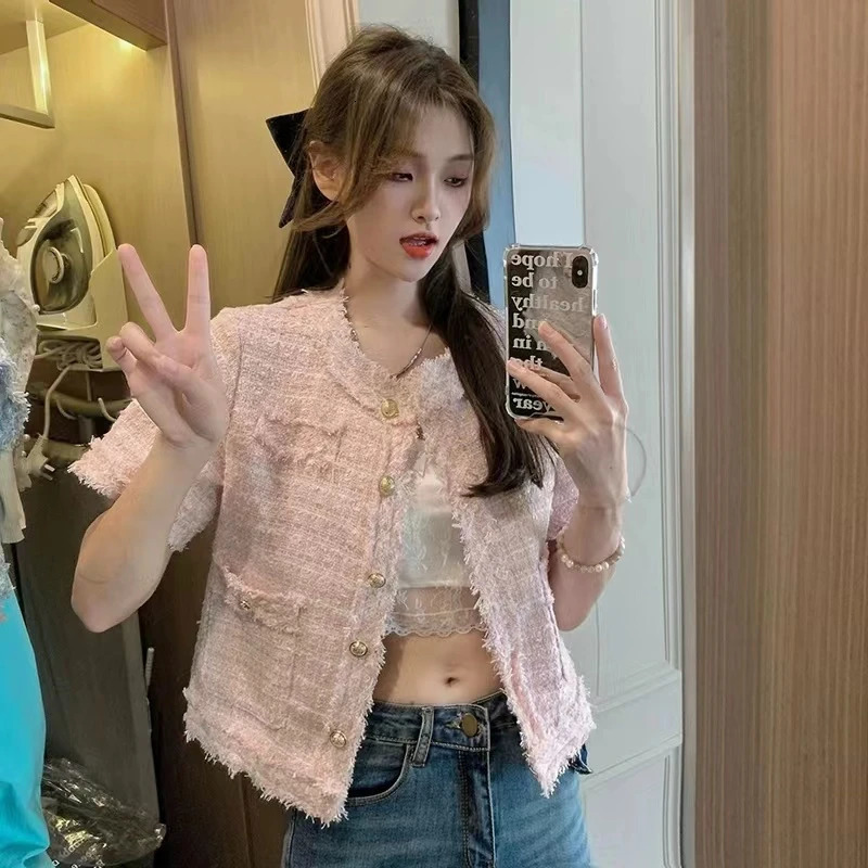 Fashion Tweed Jacket Women Spring Vintage Elegant Coat Single Breasted Blazer Ladies All Match Chic Short Outerwear Tops 250709