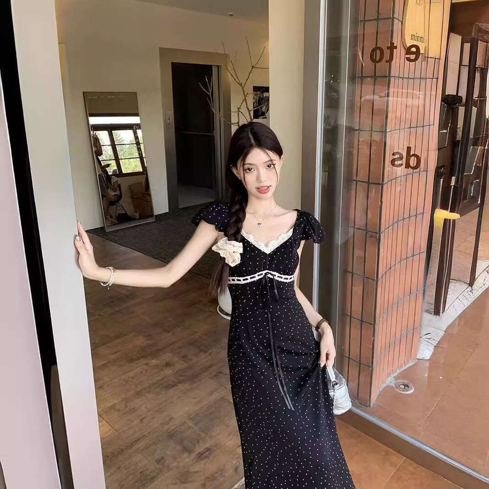 Polka Dot Black A-Line Women's Summer Design Slim Fit Elegant Umbrella French Style Long Dress Women B5