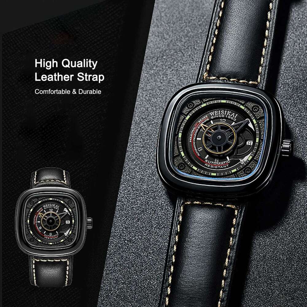 DHgargets Explorer Series Men's Square Watch - Automatic Mechanical, Luminous, Date, Waterproof 30M, Leather Strap, Sporty Men's Wristwatch 