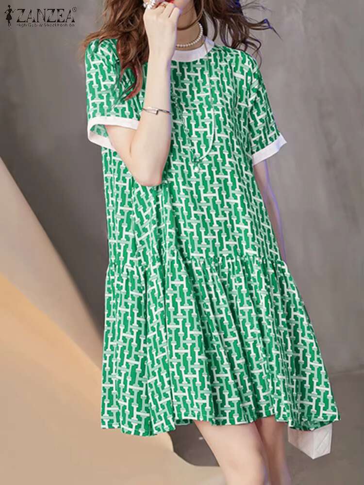 Elegant Short Sleeve Holiday Sundress 2024 ZANZEA Summer Fashion Printed Knee-length Dress Women Robe Femme Party Work Vestido dongdumaoyi