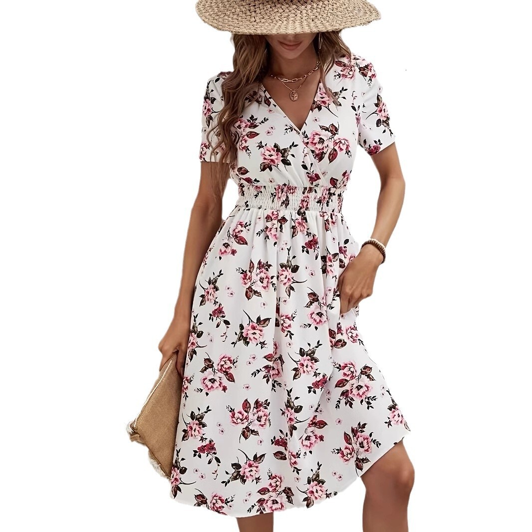 2025 New women's dress new short sleeved V-neck dress elastic waist printed dress summer new printed women's dress new designer dress