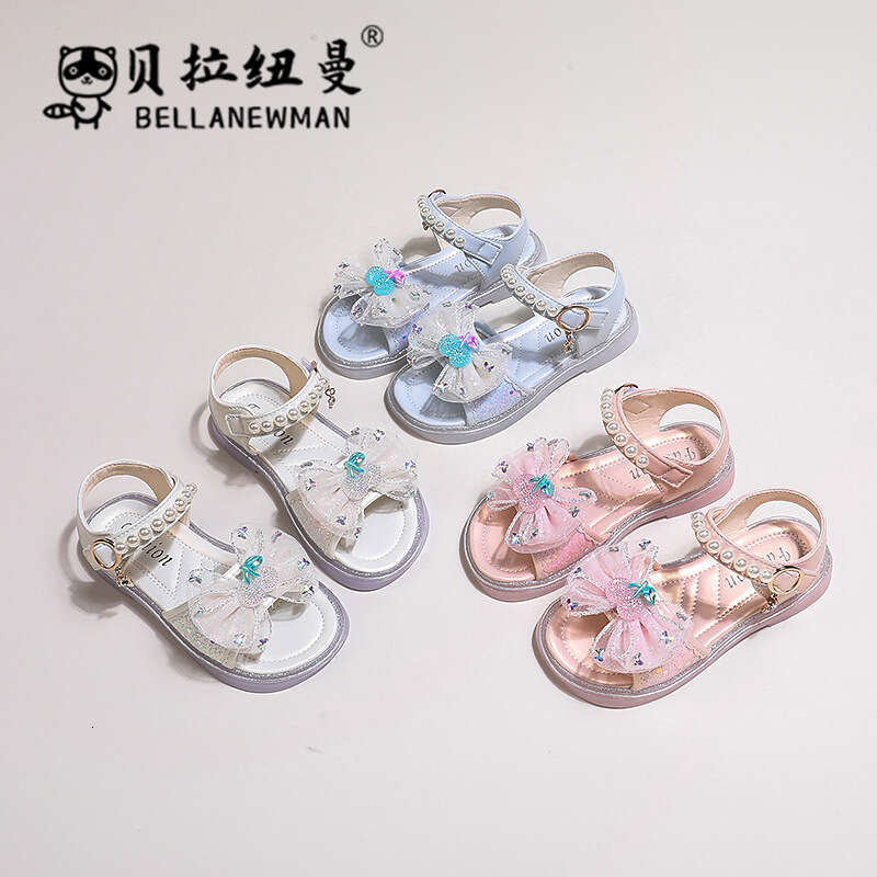 Children's 2024 Summer New Fashion Pearl Bow Princess Sandals Little Girls' Beach Shoes