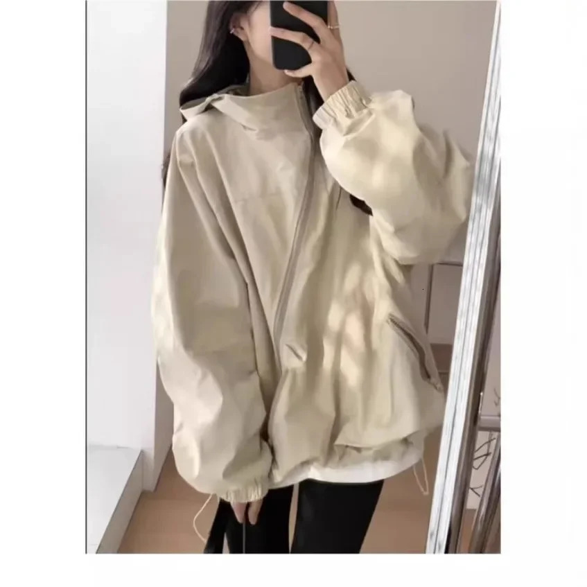 Korean Style Thin Windbreaker Jacket Womens Casual Workwear Coat with Hood Personalized Fashion Loose Fit Outerwear 250708