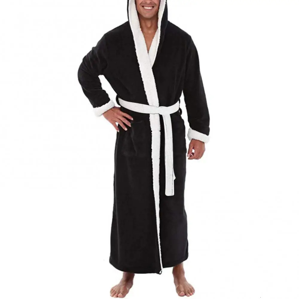 Men Bathrobe Pockets Sleepwear Soft Men Coral Fleece Color Block Long Bath Robe Home Gown Autumn Winter Plush Bathrobe Sleepwear 250710