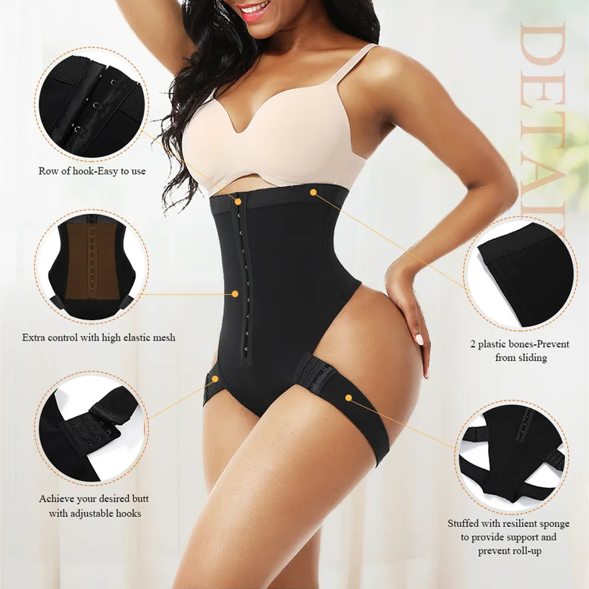 Conjoined high waisted compression pants with ample buttocks and shaping, plus size shapewear pants with buckle waistband and exposed buttocks, body s