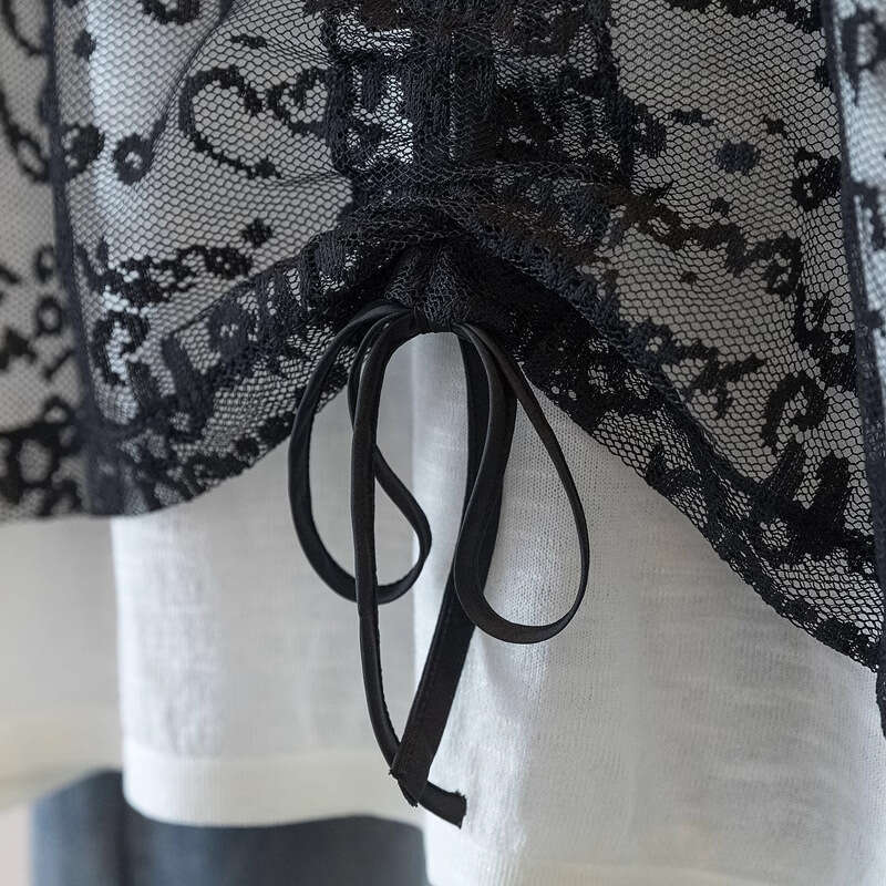 High-End Feel Plus Size Fake Two-Piece Lace Patchwork Short Sleeve T-Shirt For Women Summer Design Loose Casual Drawstring Top B5 h7