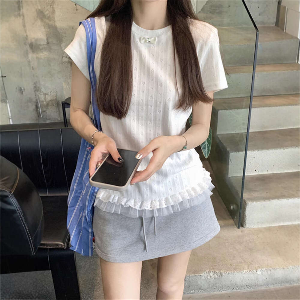French Gentle Style Sweet Lace Trim Short Sleeve T-Shirt For Women Summer Fashion Jacquard Versatile Top B5