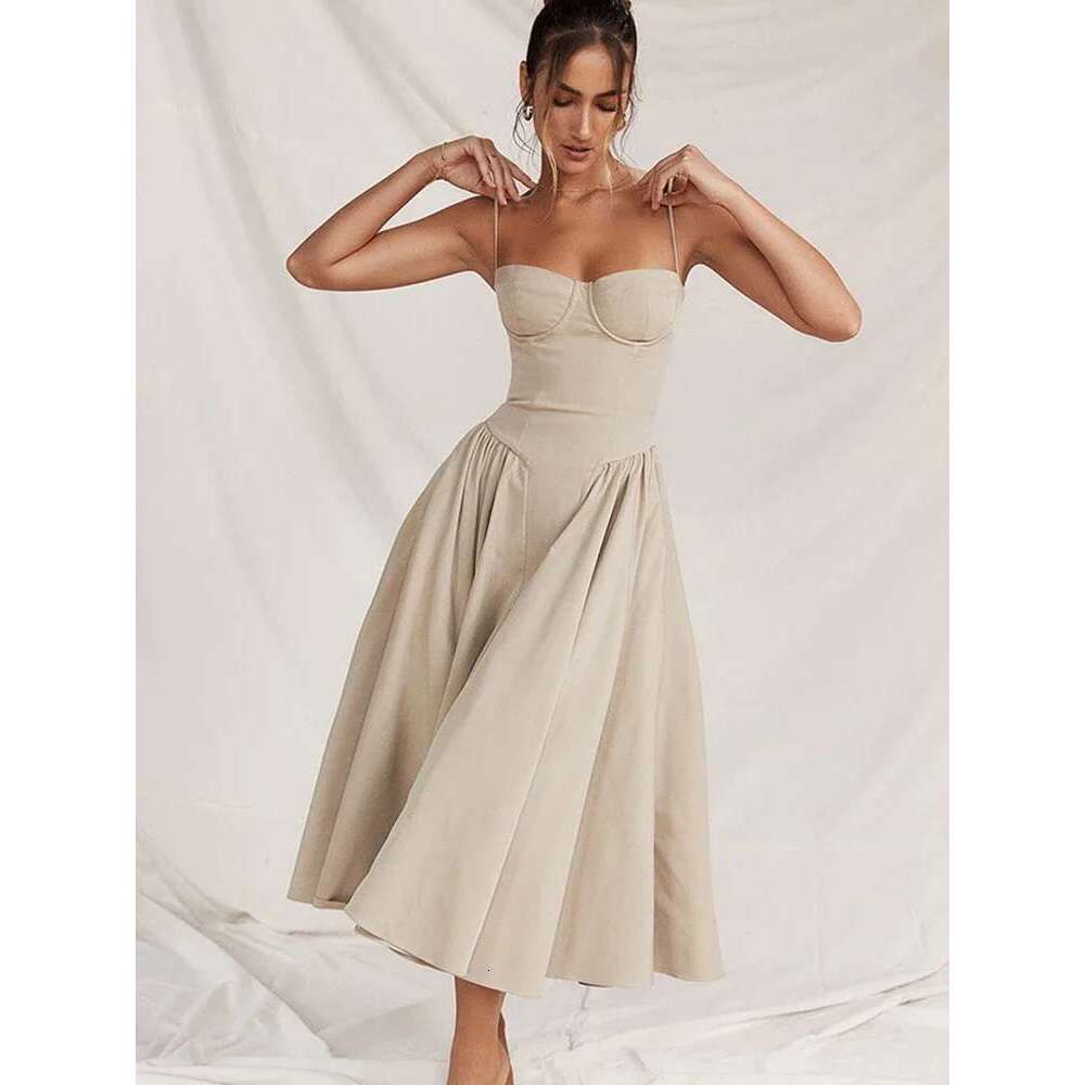 Suninheart Summer Elegant Midi Spaghetti Strap Dresses Slim V Neck A Line Party Khaki Casual Dress Women's Clothing