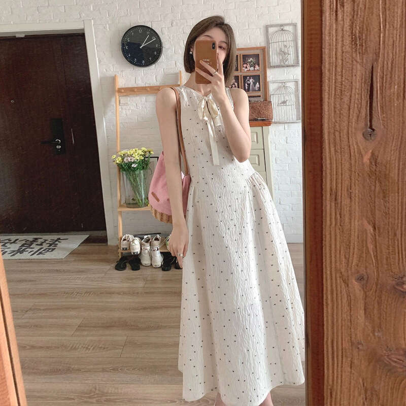 Summer Tea Break French Style First Love Design Sense Beige Polka Dot For Women High-End Gentle Sweet Long Dress B5