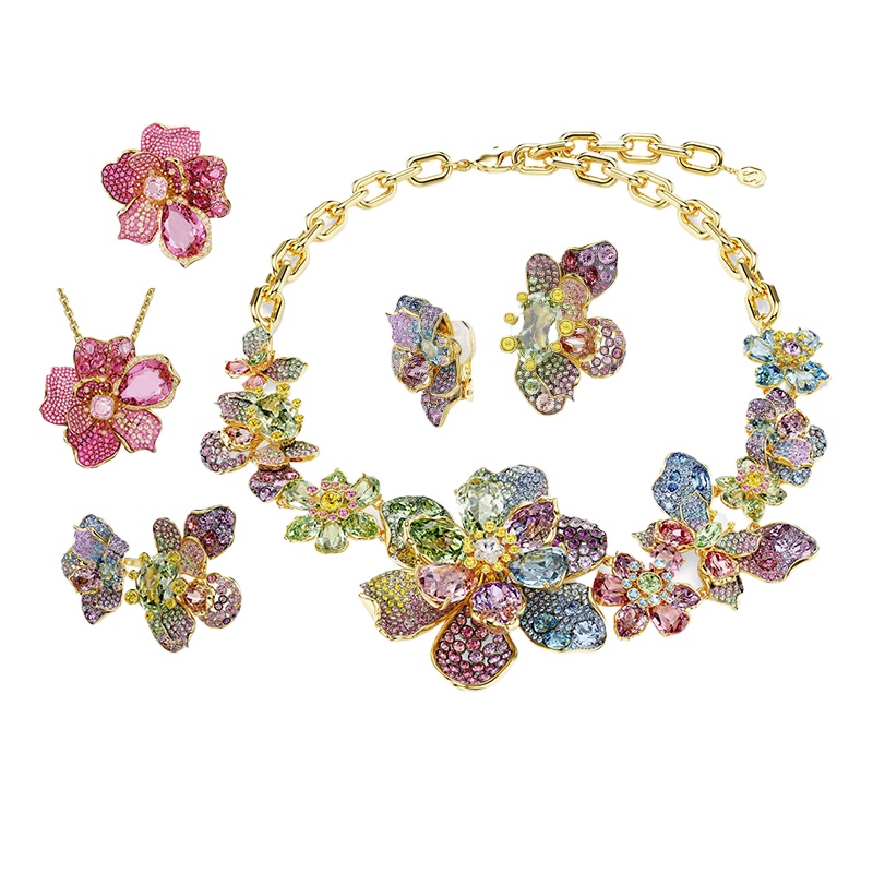 2025 new fresh sweet rose flower designer necklace earrings ring bracelet jewelry set for women girls dopamine luxury romantic pink green crystal choker necklaces