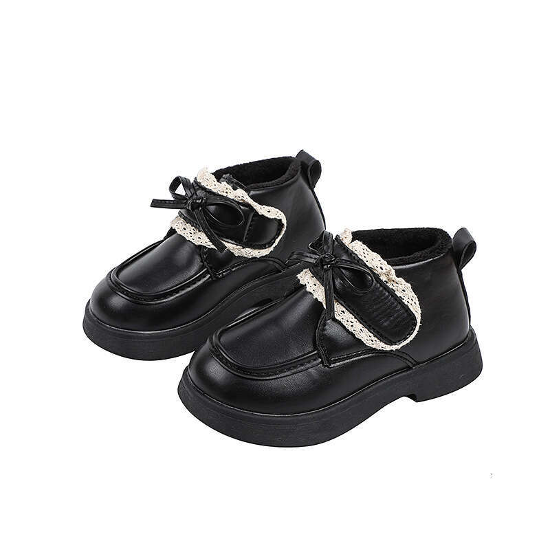 Girls' Bow Lace Leather Short 2024 Winter New Children's Double Cotton Princess Shoes Fashion Boots