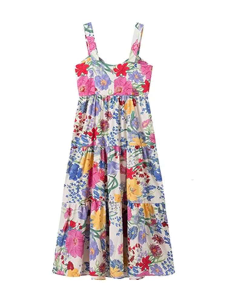 Zevity 2024 Women Sweet Floral Print Tierred Sling Midi Dress Female Chic Side Zipper Patchwork Pleats Vestidos DS6200 dongdumaoyi