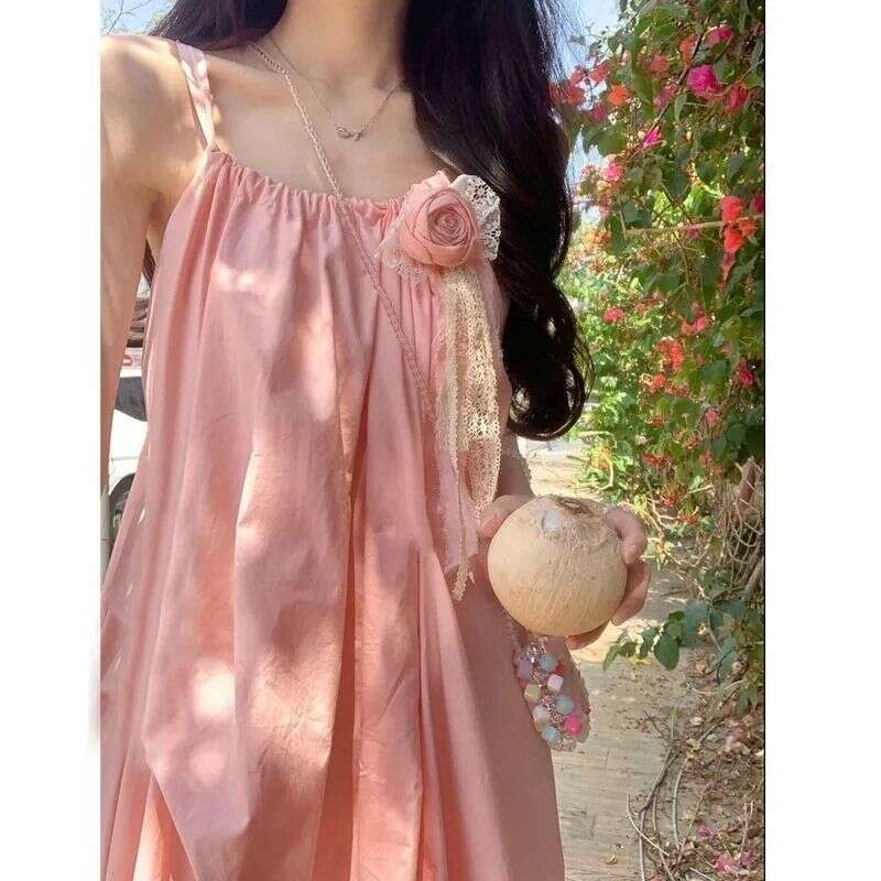Pink French Tea Break Strap For Women, Sweet And Gentle Summer Style, Beach Vacation Long Dress B5