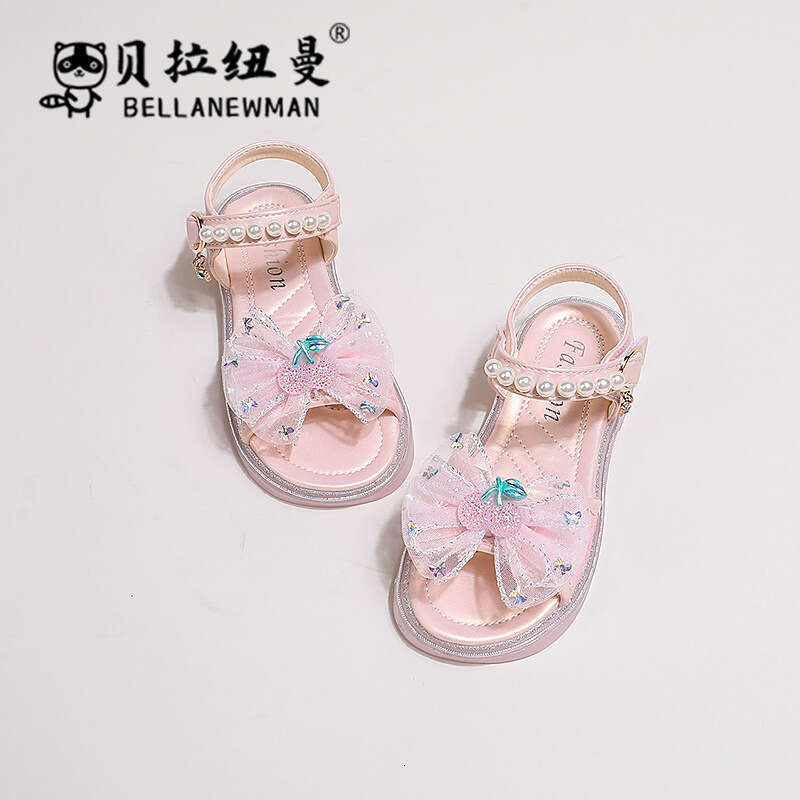Children's 2024 Summer New Fashion Pearl Bow Princess Sandals Little Girls' Beach Shoes