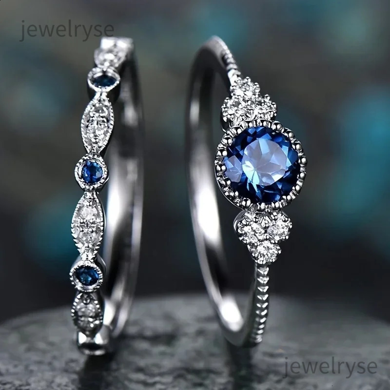 Huitan 925 Sterling Silver Rings Vintage Brilliant Blue/Green Double Stackable Set Rings Cocktail Party Ring For Women Jewelry