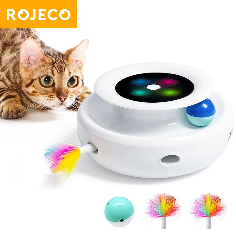 Rogerco 2-in-1 Smart Cat Toy - Automatic Feather Fun Ball Set - Suitable for Cats and Dogs - 5 Modes - Electronic Interactive Pet Toy Accessories - 25