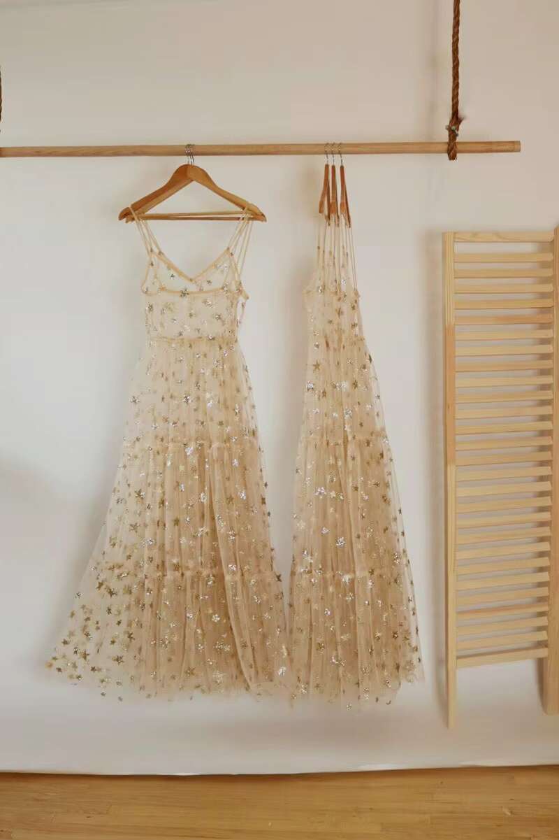 Spaghetti Dresses Straps See Through Summer Sweet Tulle Long Women Fashion Bling Dress dongdumaoyi