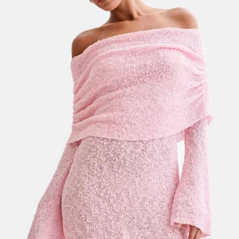 2025 New women's dress new knitted women's beach short skirt sexy perspective long sleeved off shoulder dress new designer dress
