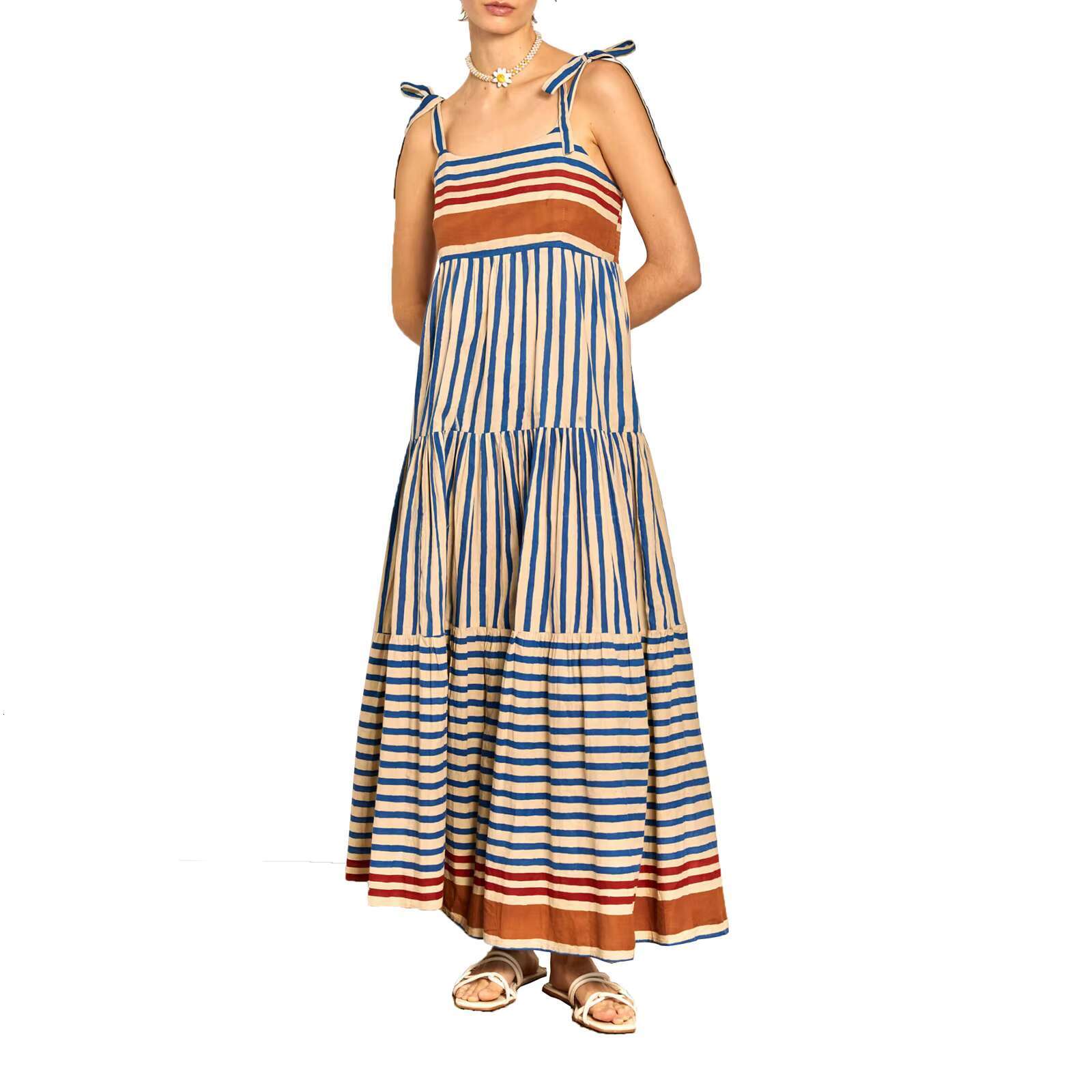Womens Maxi Summer Casual Sleeveless Open Back Low Cut Flowy Stripe Shrimp Print Dresses 90s Vintage Long Cami Dress dongdumaoyi