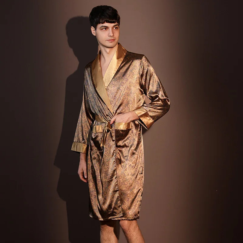 High Quality Nightrobes Men Summer Thin Bathrobe Large Size Ice Silk Printed Pajamas One-piece Robe Male Loungewear Gents Spring 250710