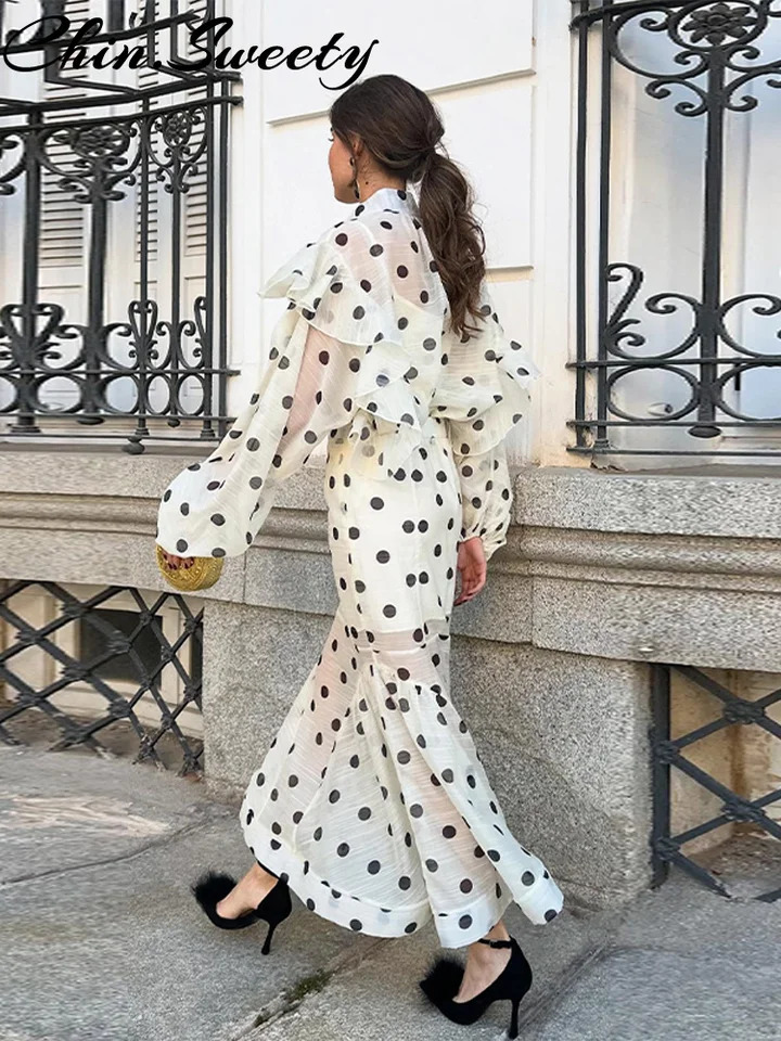 Bohemian Dot Print Women Top Skirt Set Urban Ruffled Full Sleeve Button Top Trumpet Skirt Summer Autumn Lady Outfits 250711