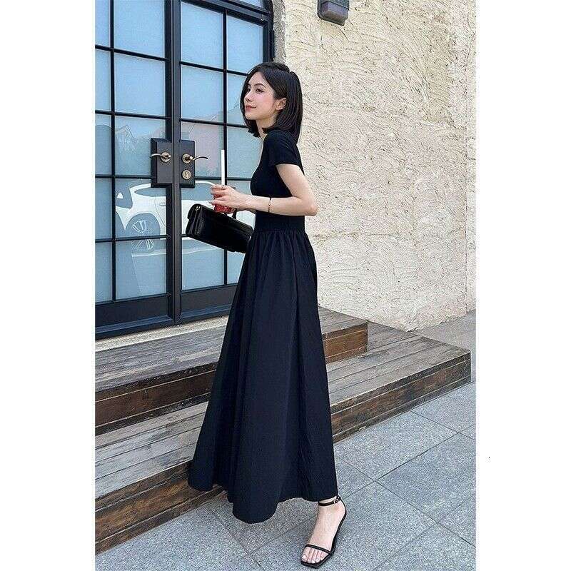 Hepburn Style Black Short Sleeve Summer New French High-End Waist-Cinching Slimming Over-Knee Long Dress B5