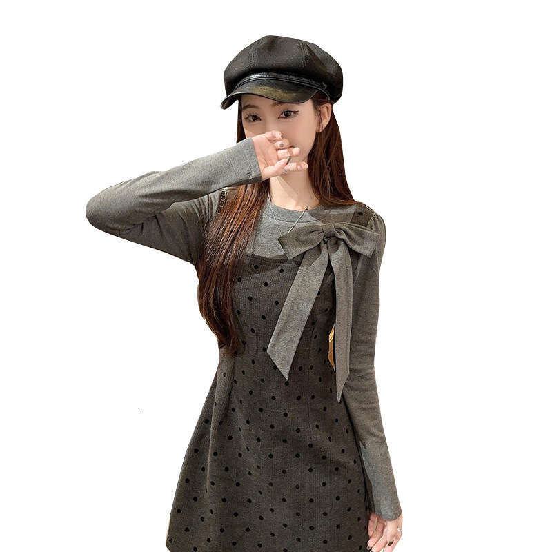 Korean Style Two-Piece Bowknot Polka Dot Set Spring And Autumn New Waist-Cinching Slimming A-Line Long Dress For Women B5