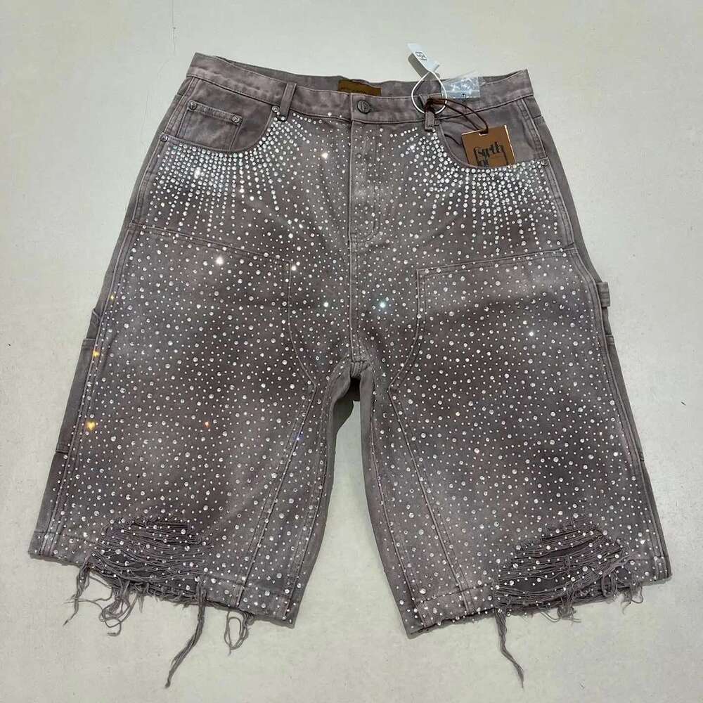 Streetwear Mens Vintage Rhinestone Sequin Y2K Jeans Hip Hop Baggy Denim Gym Casual Basketball Shorts
