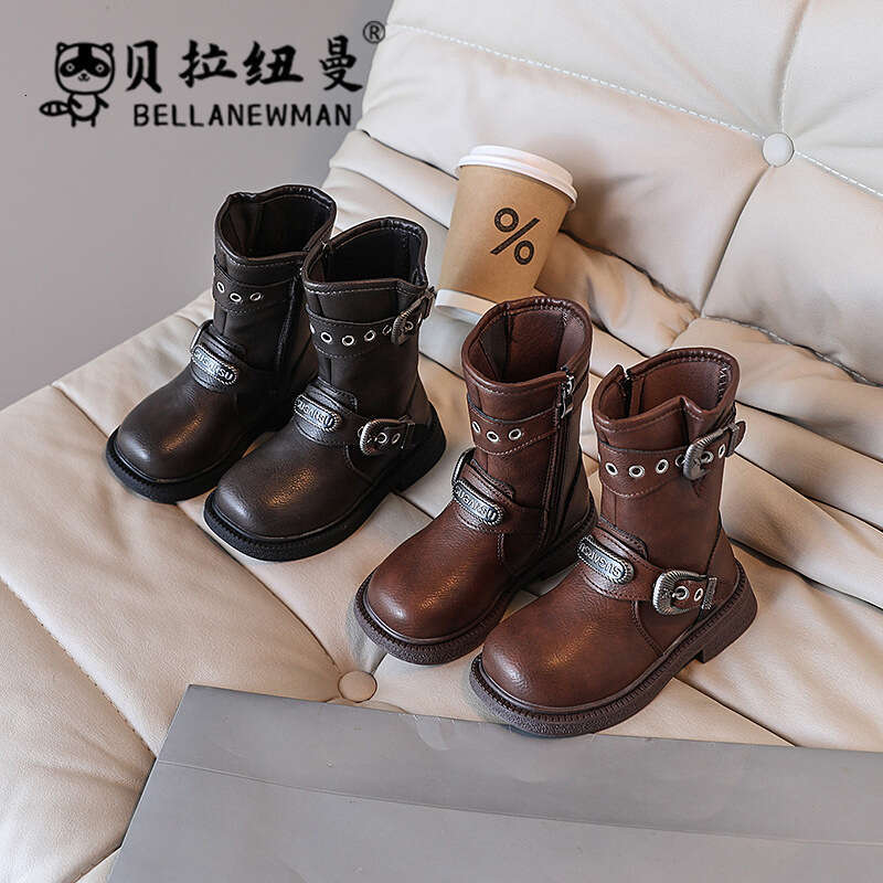 Girls' Fashion Leather 2024 Autumn New Big Kids Knight Mid-Calf Children's British Style Martin Boots