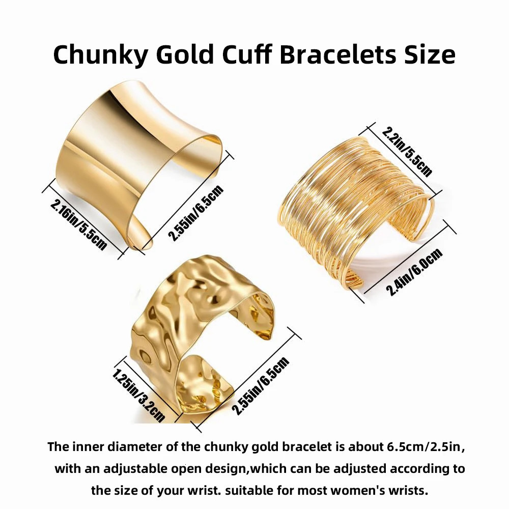 3PCS Chunky Gold Color for Women Irregular Minimalist Bracelets Set Open Wide Bangle Arm Cuff Jewelry designer bracelet women luxury jewelry gold mens - view 7