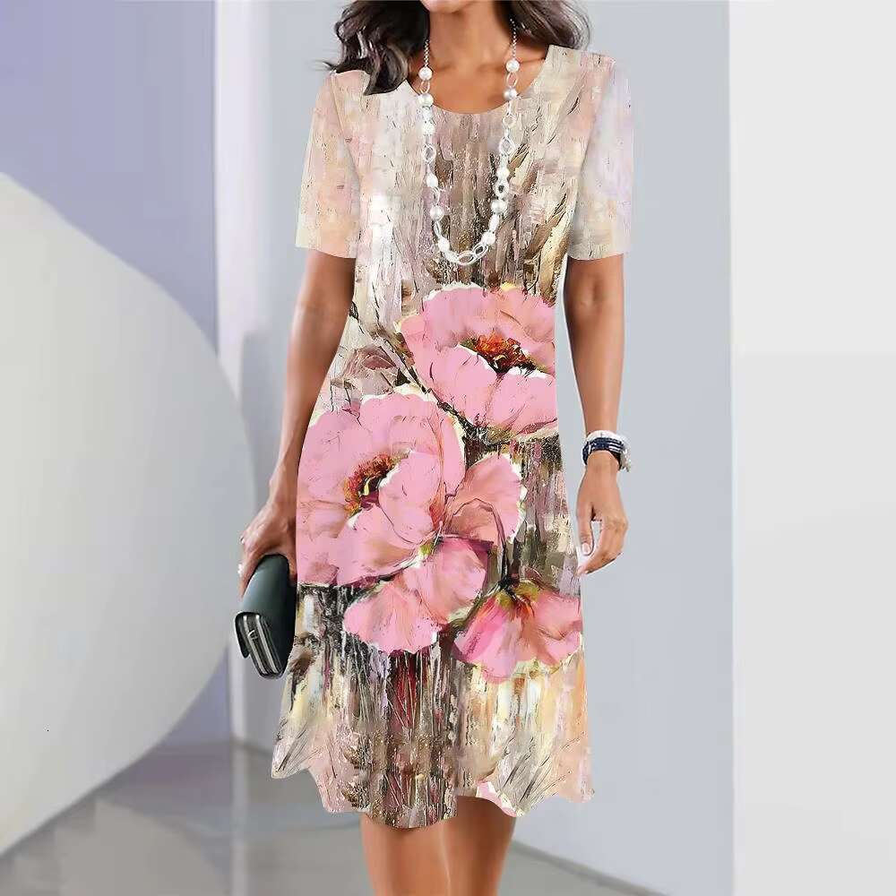 2024 New Spring Floral Printed Elegant Casual Short Sleeve Fashion Oversized Womens Dresses dongdumaoyi