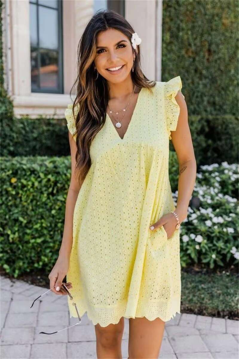 2023 California Romper V-neck Short Sleeve Lace Hollow Casual Party Dresses Ladies Summer Dress Women dongdumaoyi