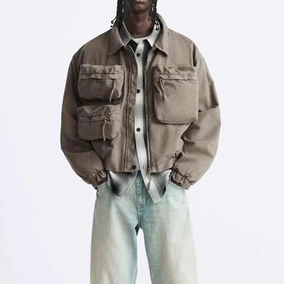 Vintage Multi-pockets Lapel Windbreaker Mens Workwear Jacket High Street Casual Loose Fall Coat Oversized Baggy Unisex Clothes 250708