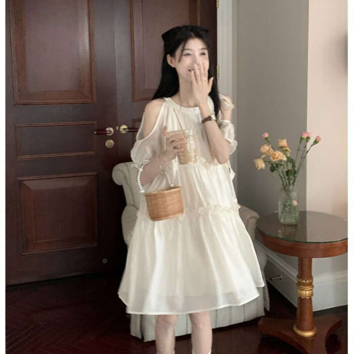 French Style Gentle Temperament Slimming Off-Shoulder For Women Summer New Design Sense Niche Loose Apricot Dress B5