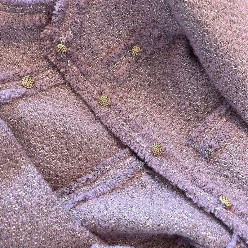 Purple Tweed Jacket Women Vintage O-Neck Metal Single Breasted Cropped Coat Autumn Winter Korean Style Elegant Jackets for Women 250708